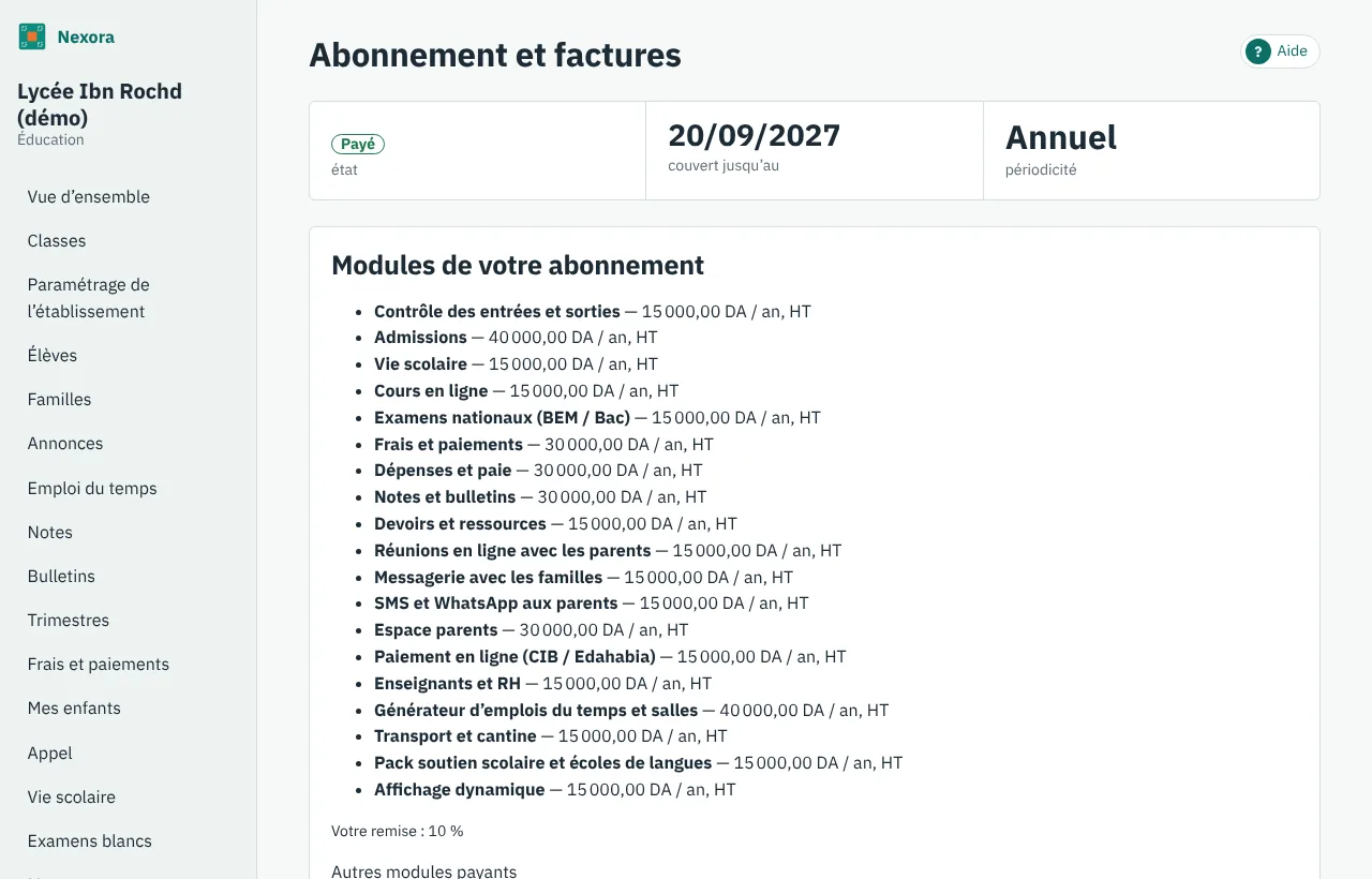 La page Abonnement et factures