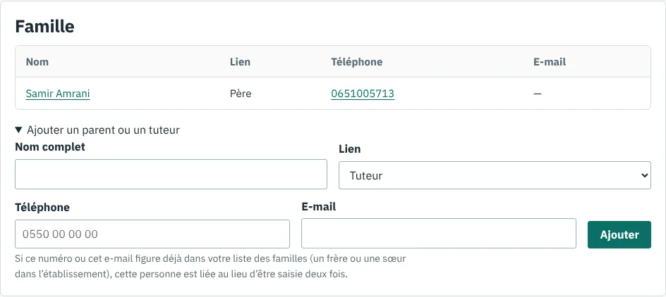Ajouter un parent depuis la fiche élève