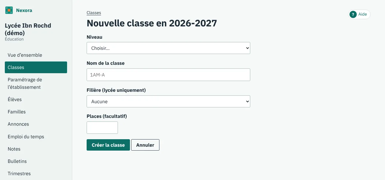 Le formulaire Nouvelle classe