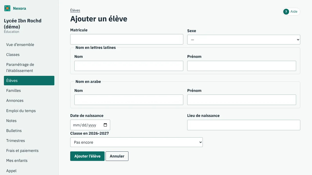 Le formulaire Ajouter un élève
