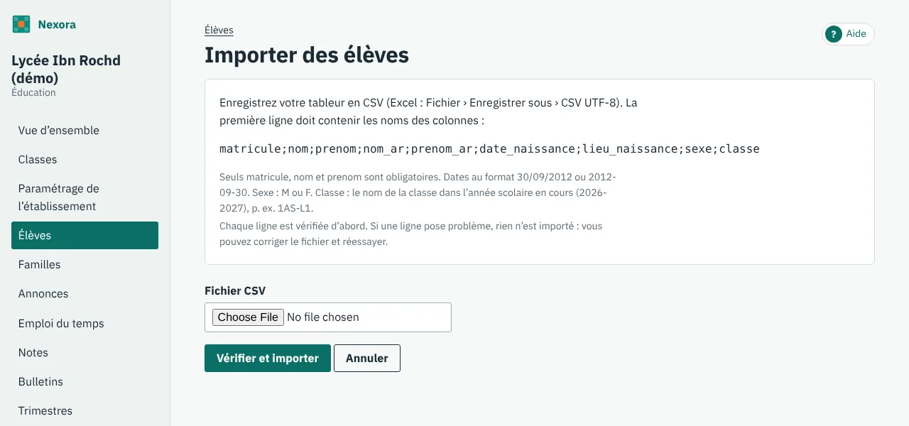 La page Importer des élèves