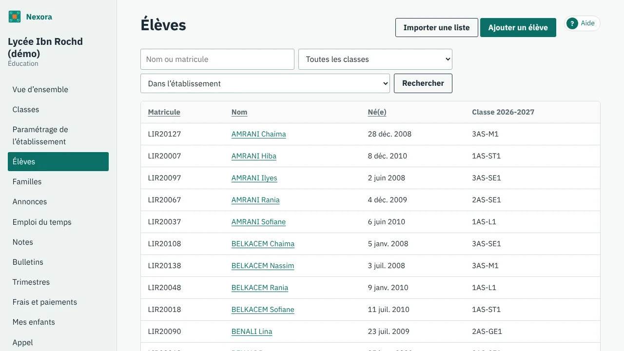 La liste des élèves