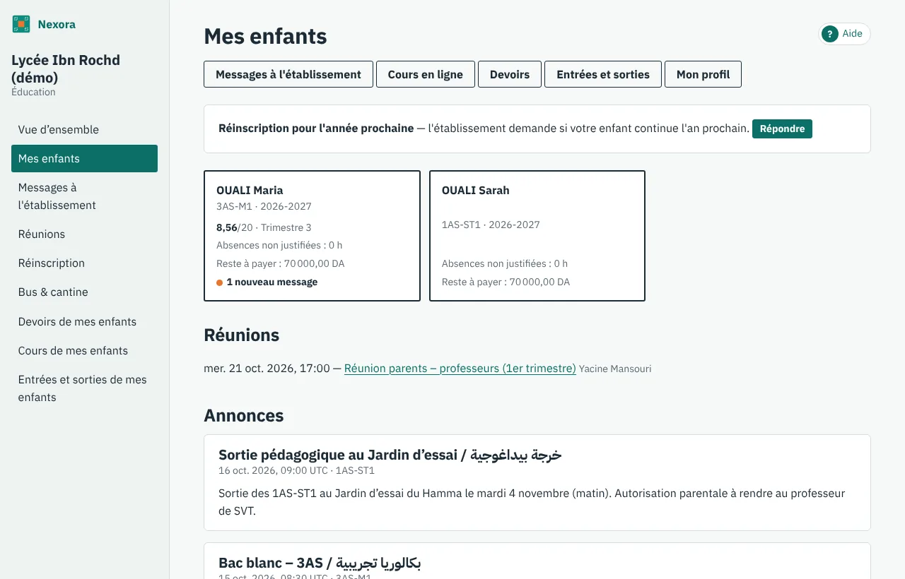 La page Mes enfants d'un parent