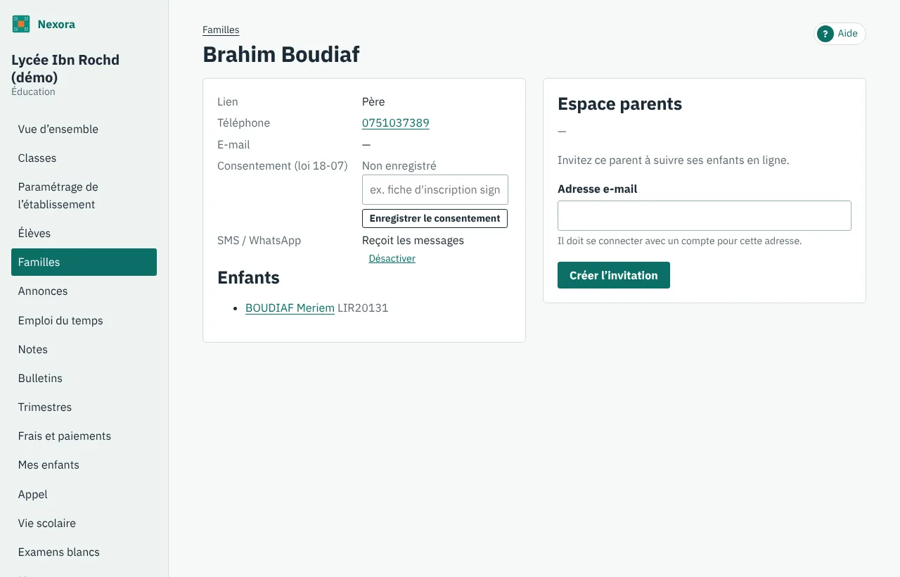 La fiche d'un parent avec la partie Espace parents