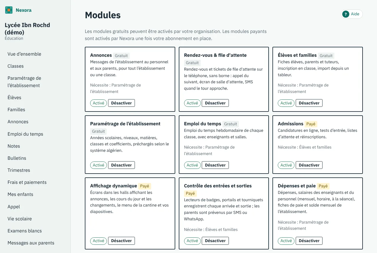 La page Modules