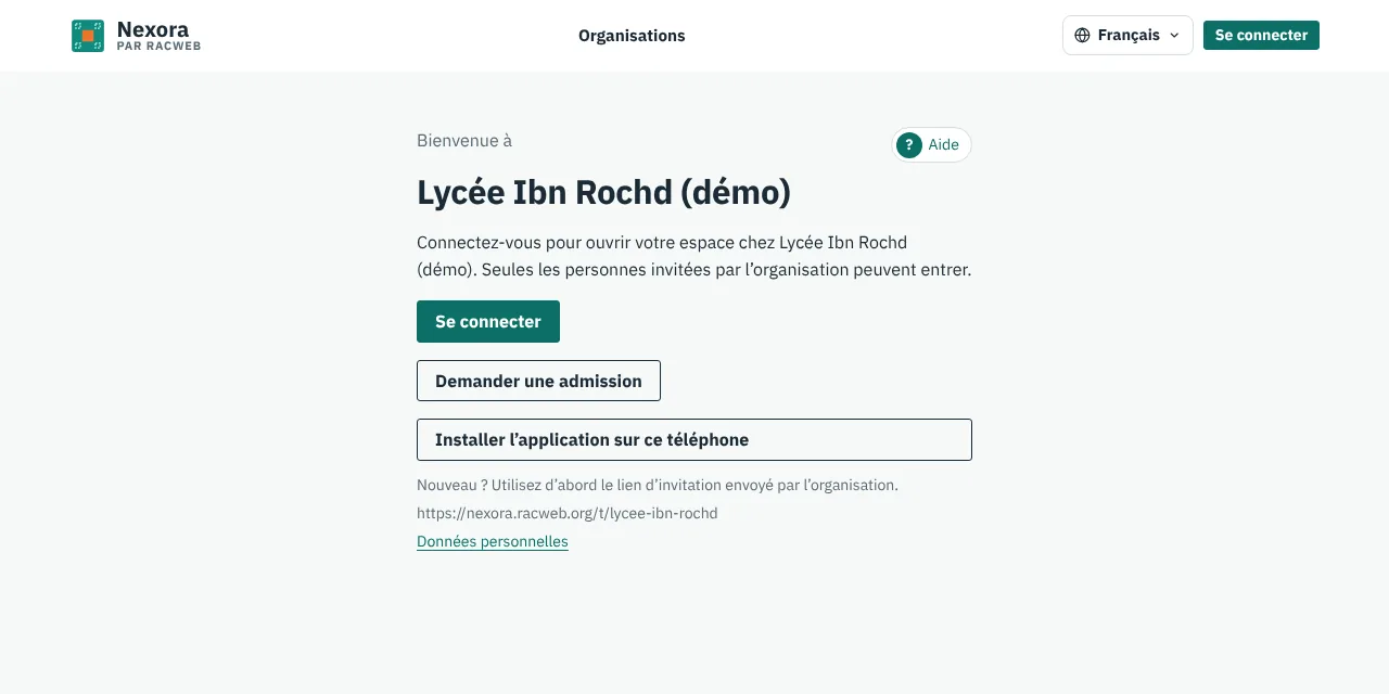 La page d'accueil d'un établissement, avec le bouton Se connecter