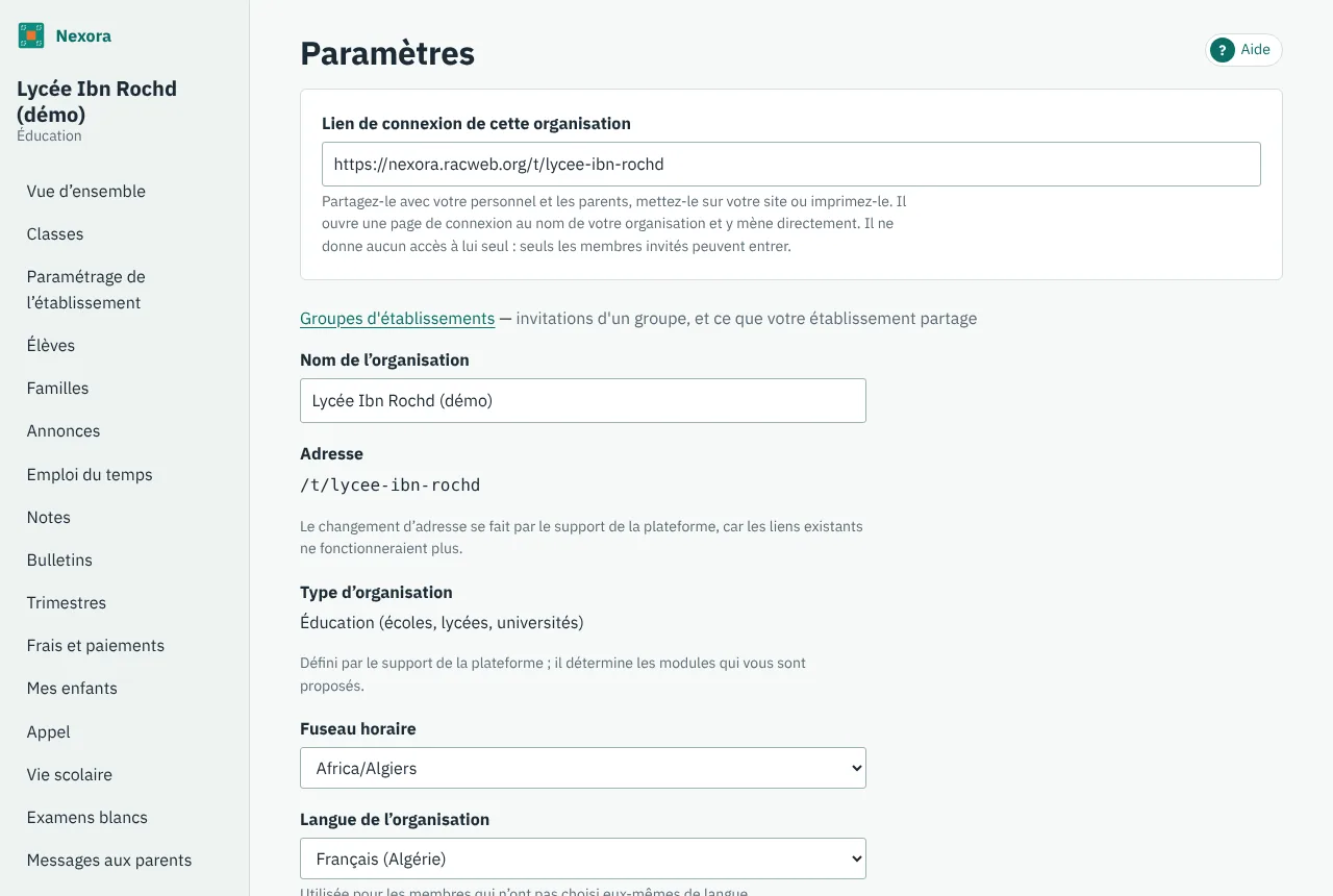 La page Paramètres