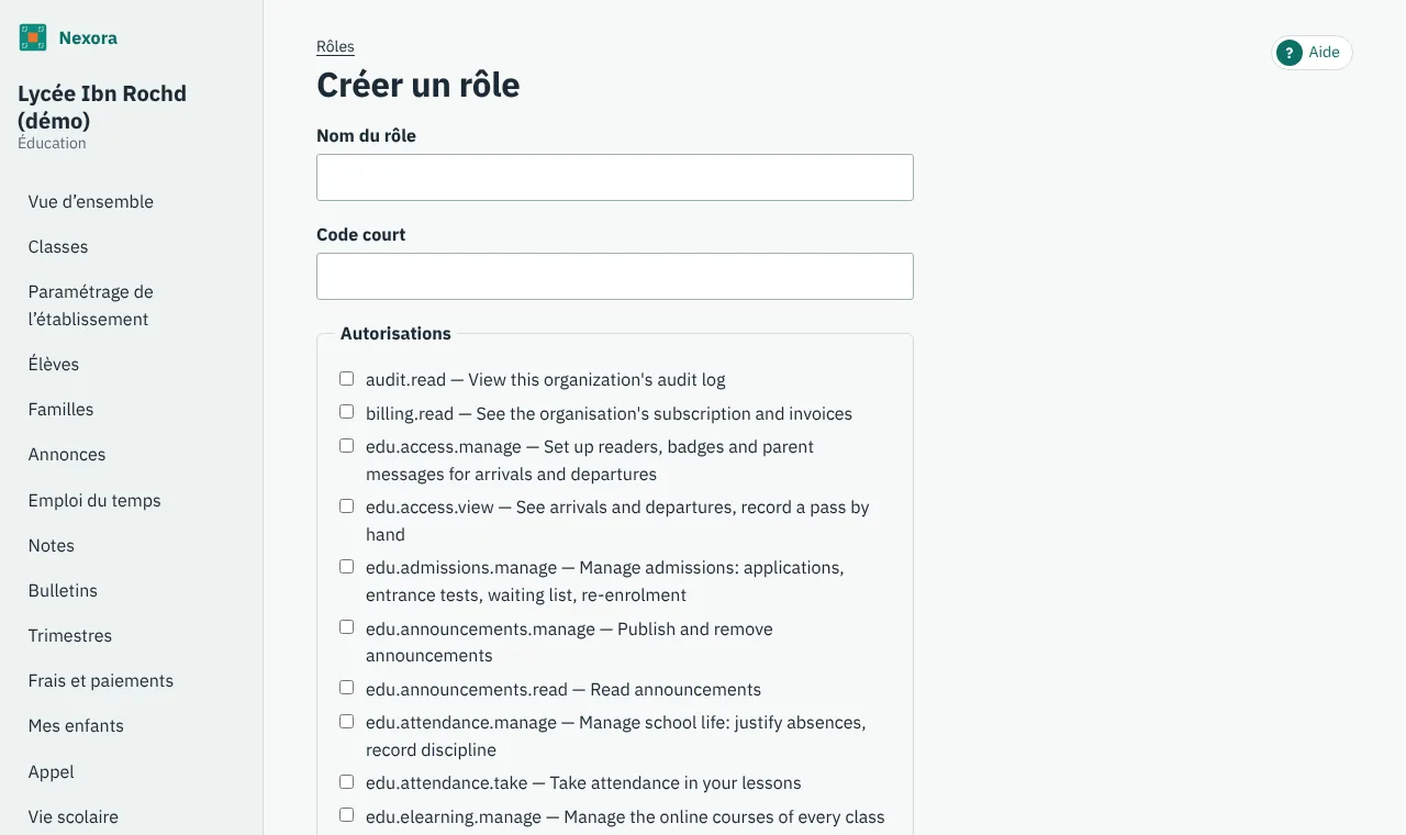 Le formulaire de création d'un rôle