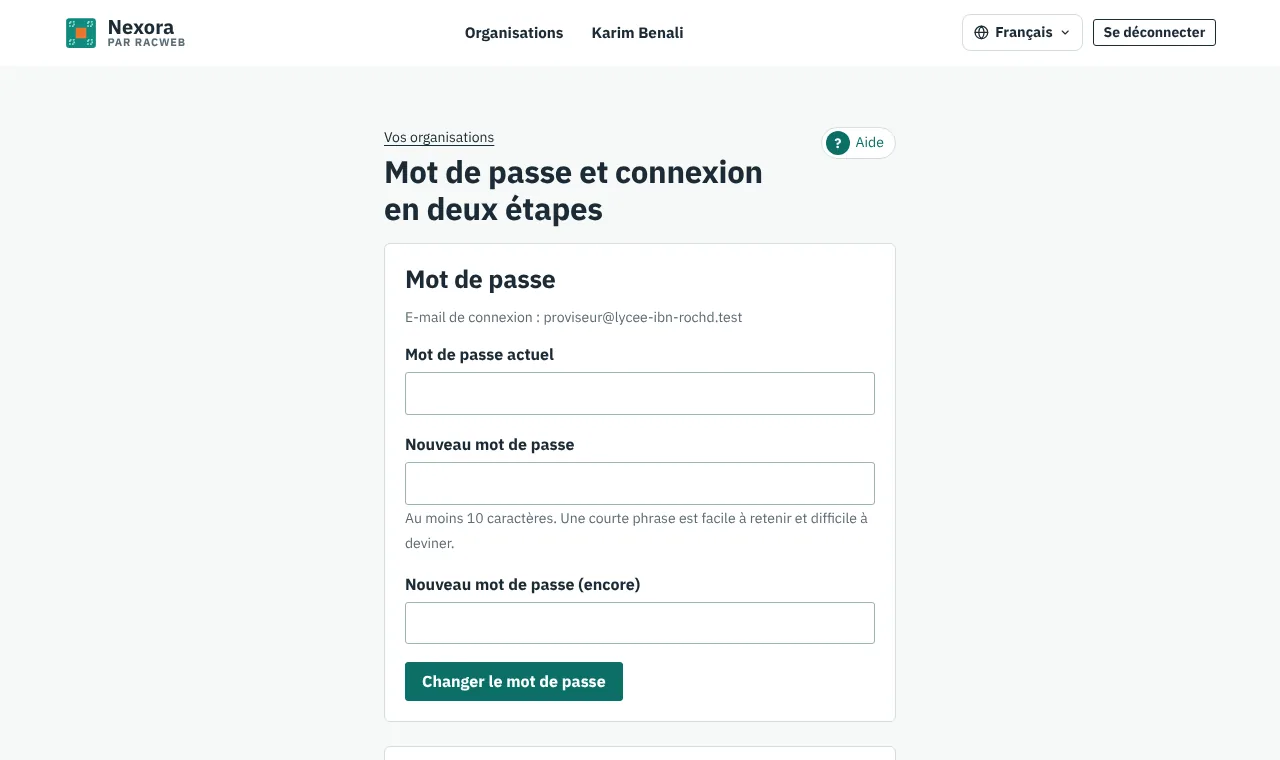 La page Mot de passe et connexion en deux étapes